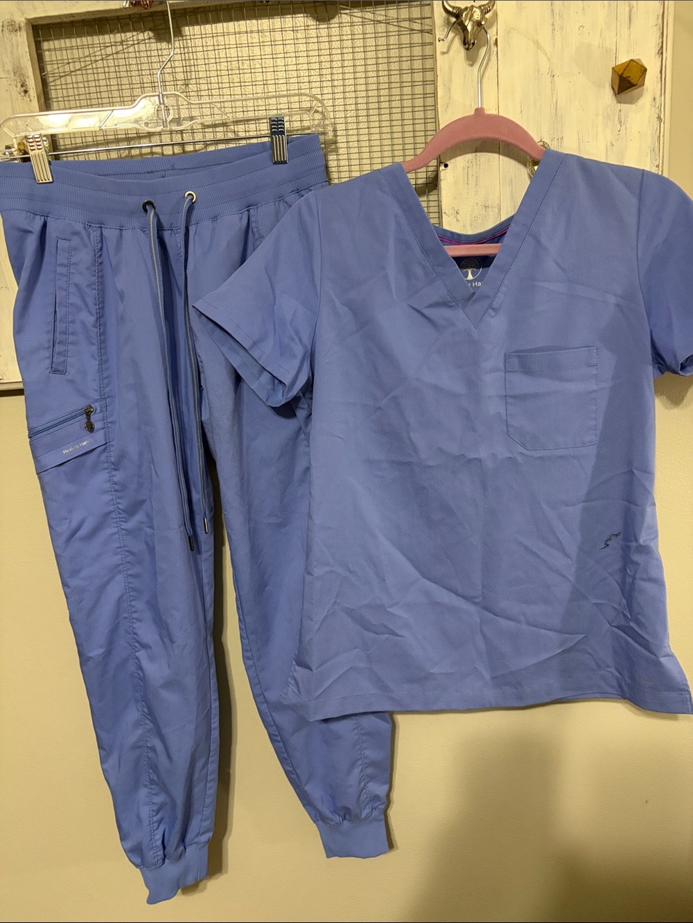 healing hands Periwinkle Blue Scrub Top and Jogger Set